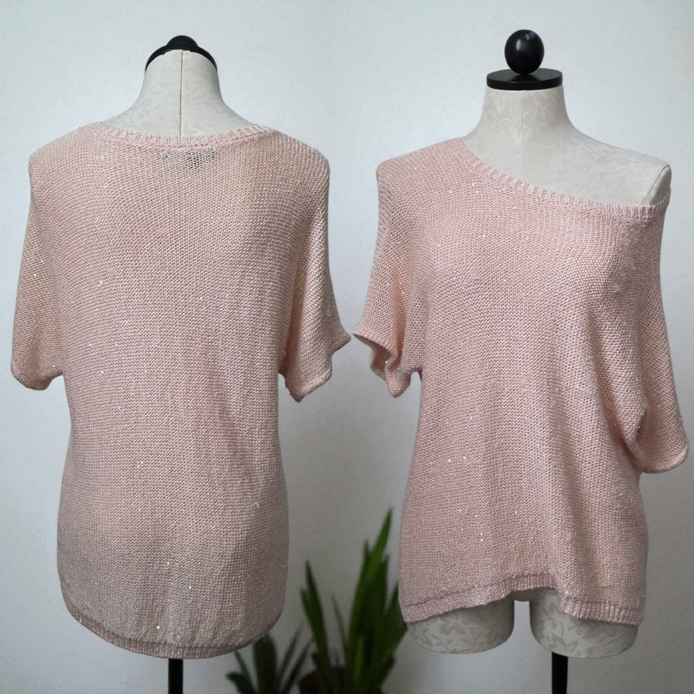 Premise Sparkly Baby Pink Knit Sweater Tunic Quarter Sleeve Size Small-Medium - Picture 3 of 6